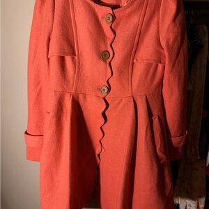 Modcloth Women's Coral Pea Coat with Scalloped Edges